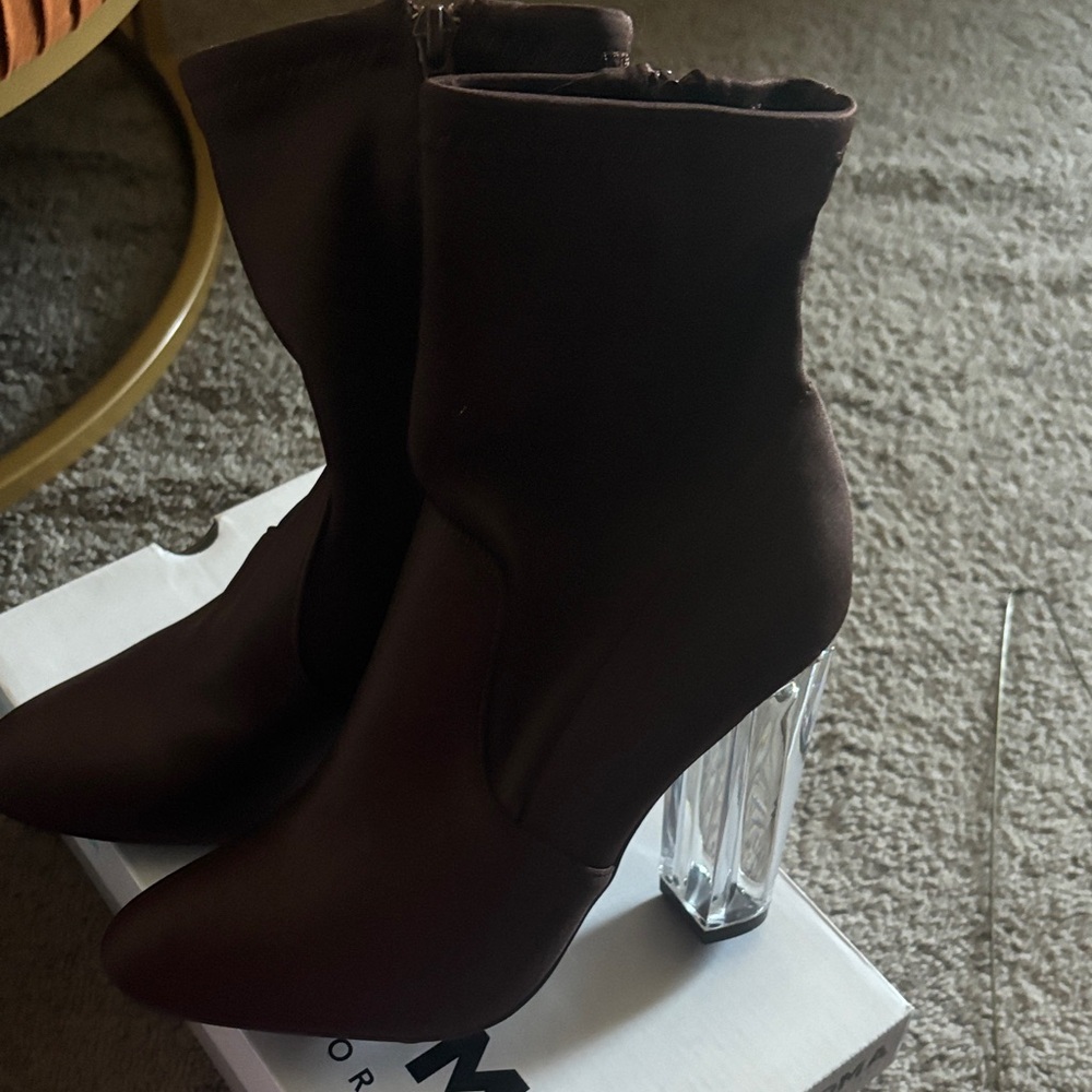BAMBOO Dark Brown Ankle Boots with Clear Heels
